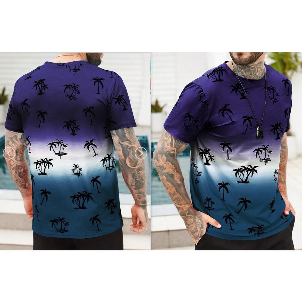 Summer Round Neck 3D Gradient Coconut Tree Pattern Print Top Fashionable Casual Short Sleeved Men's T-shirts