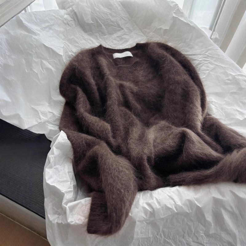 Maillard Retro Kaffee Imitation Nerz Fleece Pullover Damen Winter Weich Wachsartig Lazy Wind Strickpullover