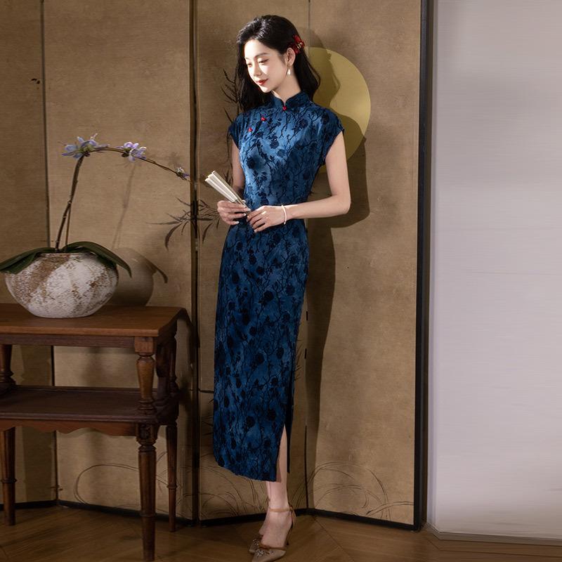 Blue old Shanghai Republic of China style long Chinese cheongsam improved young new women's retro short sleeve summer