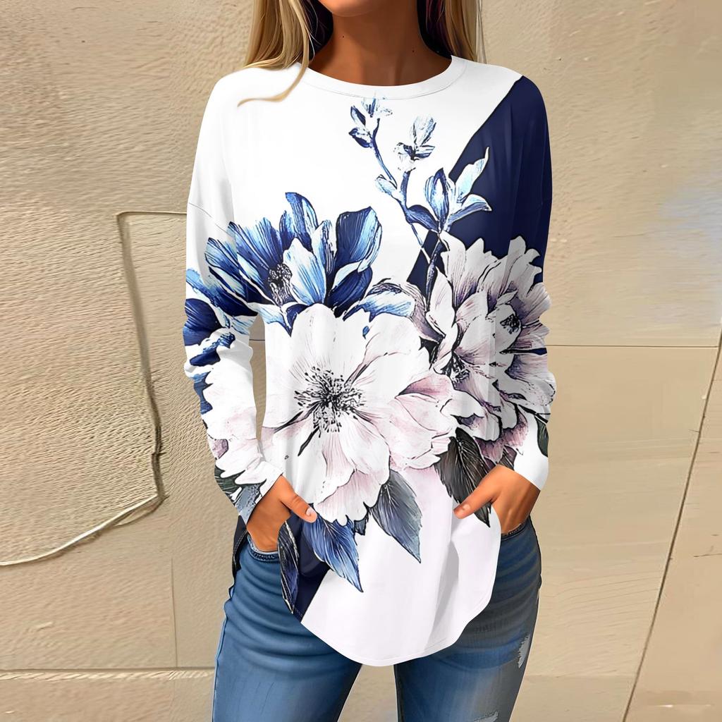 Women's Fashion Pullover Round Neck Long Sleeve Printed Top