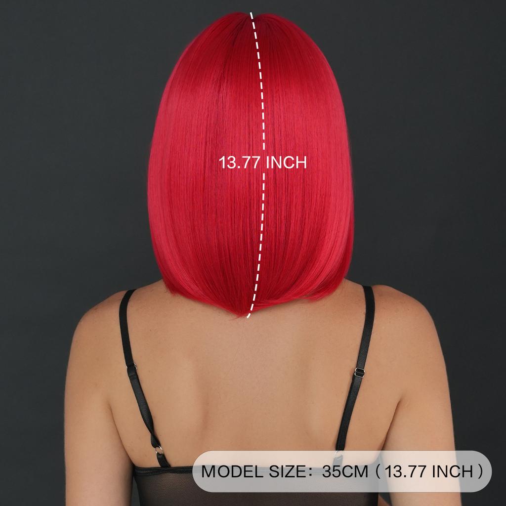 Red Short Straight Wig for Women - Bob Cut with Middle Part Curtain Bangs, Halloween Easter Party Machine Made Full Cap Wig