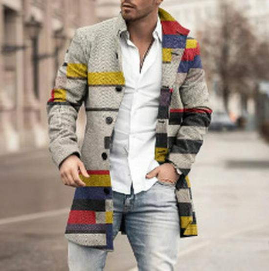Men's Woolen Mid-Length Digital Print Coat - Autumn/Winter Collection