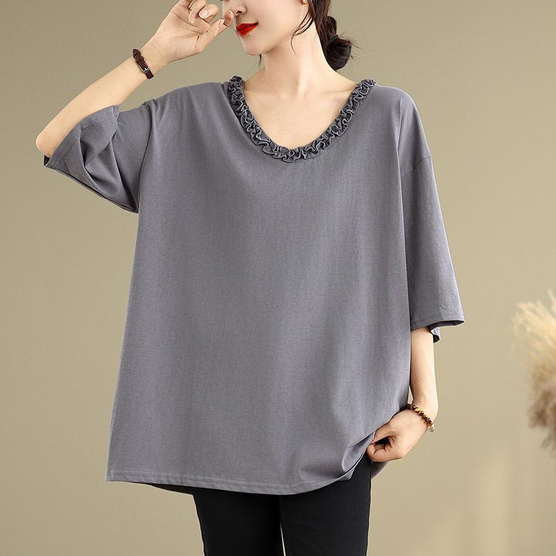 

Dimanaf 2025 Лето Однотонные Базовые Больших Размеров Женские Футболки Топы с Коротким Рукавом Футболки Свободная Рубашка Макси One Size серый