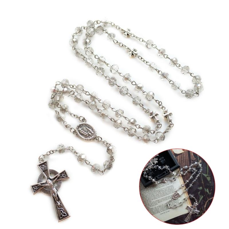 Gray Crystal Rosary Necklaces Catholic Crucifix Cross Pendant Long Necklaces Religious Jewelry for Women Men Gift