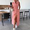 Women Denim Shirt Dress Summer Sleeveless Button Down Maxi Dress with Belt Lapel V Neck Long Jean Dress with Pockets