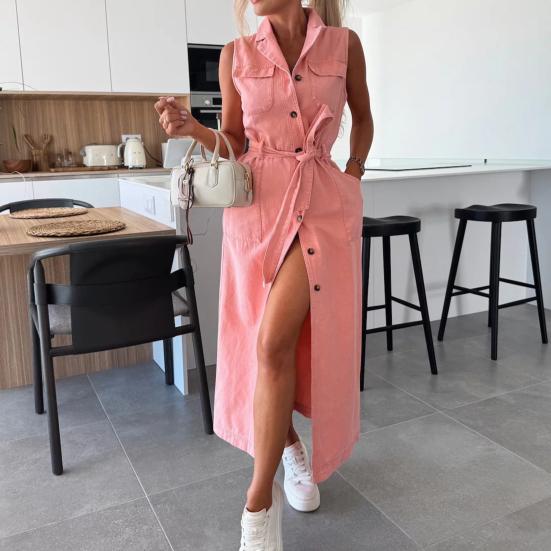 Women Denim Shirt Dress Summer Sleeveless Button Down Maxi Dress with Belt Lapel V Neck Long Jean Dress with Pockets