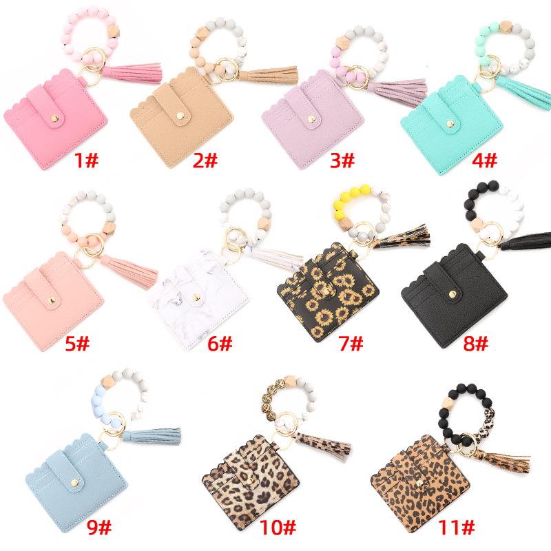 Leopard Print Silicone Bead Bracelet Wallet with PU Leather Tassel Keychain