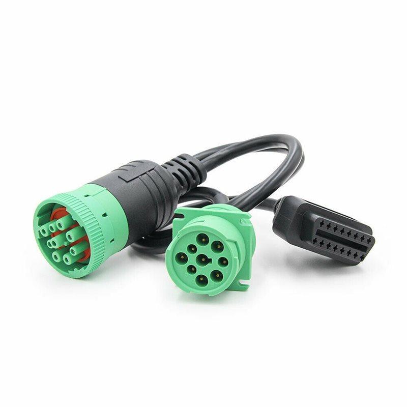 For Commercial Truck J1939 Splitter 9 Pin Green Type 2 Male Plug To Female& 16 Pin OBD2 Y Cable Adapter Converter Black  Green
