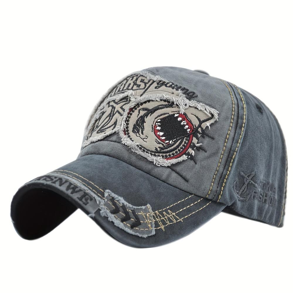 1pc, Vintage Baseball Cap, Denim Embroidered Shark 100% Cotton Trucker Hat, Retro Frayed Edge Sunhat Outdoor Cap