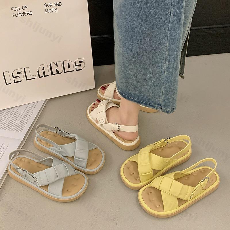 Mode Mode Dicksohlige Lässige Sandalen für Damen Sommer 2025 Neu Überkreuzte Riemen Offene Zehen Atmungsaktiv Bequem Vielseitig Strand-Flats
