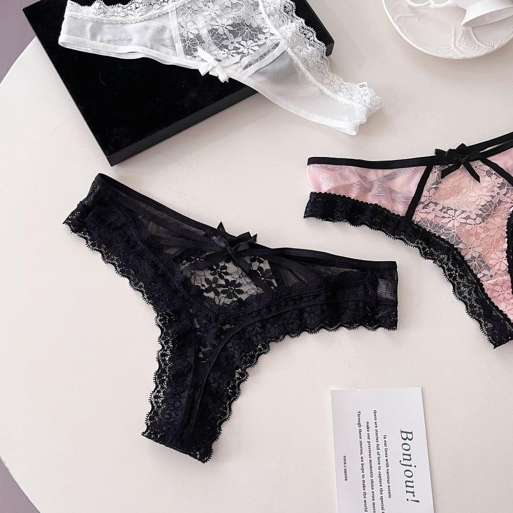 Bow Hanging Neck Chain Mesh Floral Bowknot Panties Underwear for Women  Valentine's Day Gift