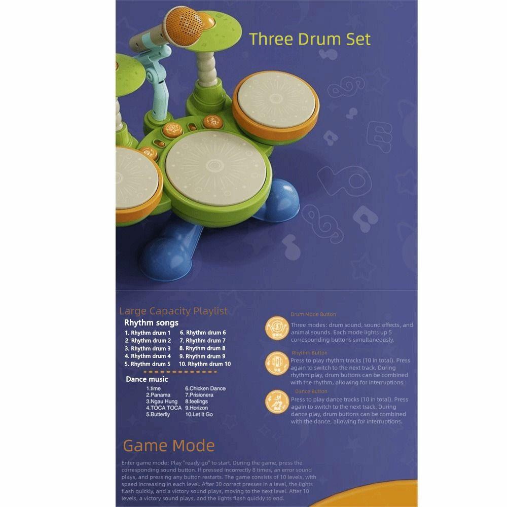 Wear Resistant Jazz Drum Set Toys Light Up Musical Montessori Toys Safe Kids Drum Set  For Toddlers