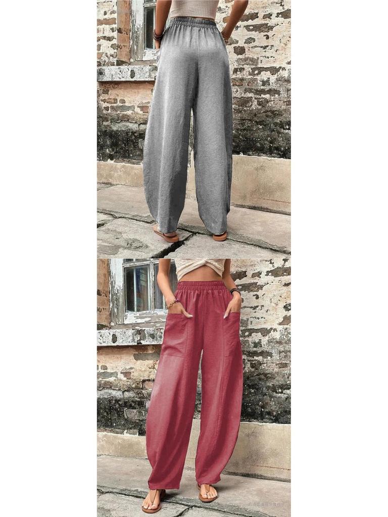 Women's Solid Color Casual Pants with Pockets and Elastic Waist