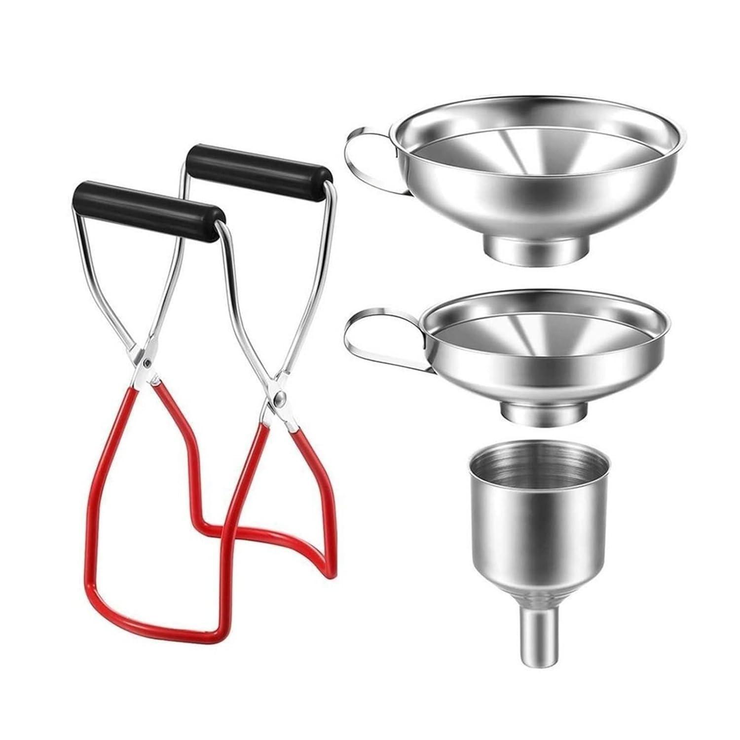 Funnel Can Lifting Tongs Set- Stainless Steel Canning Funnel Filter Canning Jar Lifter with Grip Jar Glass Lifter 4-Pack