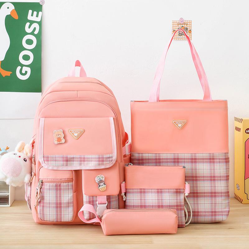 

Student schoolbag, small and fresh plaid pencil case, large capacity for primary school students, lightweight and burden-reducing backpack розовый