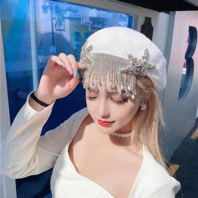 Dámské klobouky Originální Podzimní a Zimní Módní Retro Nádherný Lesklý Křišťál Dlouhý Střapec Haute Couture Vlna Malířský Baret