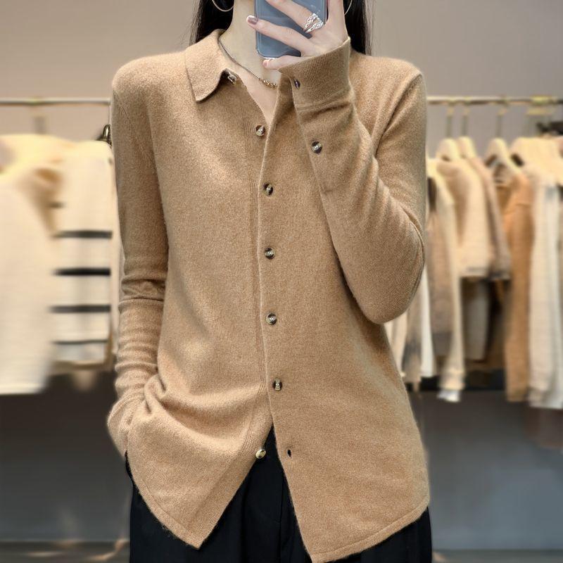 Autumn and Winter Cashmere Sweater Women's Knitted Cardigan POLO Collar Korean Style Sweater Jacket Temperament Lapel Shirt Design