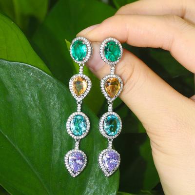 Boucles d'oreilles en verre pour femme E0365 serties de diamants et de cristaux, Boucles d'oreilles géométriques à longues pampilles en zircon forme goutte d'eau