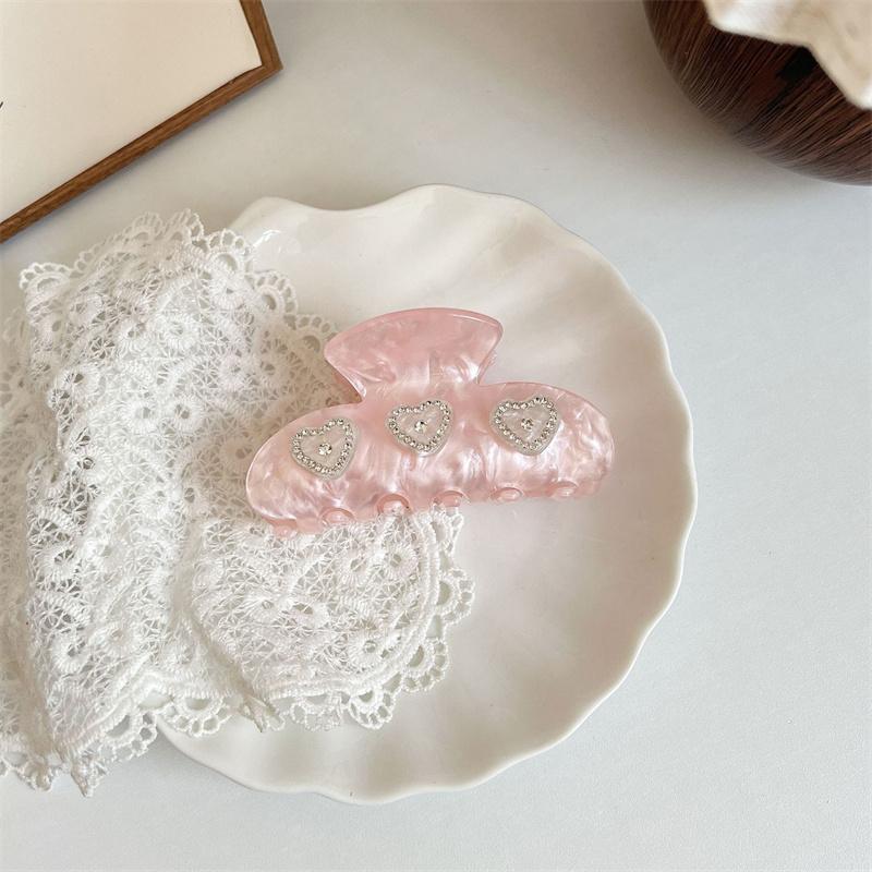 1PC  Fashion Rhinestone Love Acetate Grab Clip French Retro Shark Clip Hair Claw Semicircular Crescent Grab Clip for Women розовый
