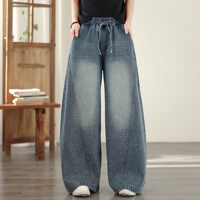 Plus Size Elastic Waist Denim Wide-Leg Pants - Casual, Slimming & Versatile Medium