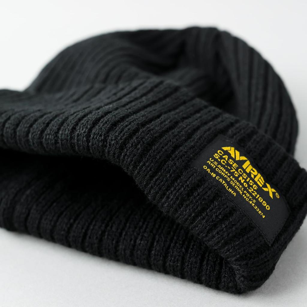 AVIREX Special Order Military Tag Ribbed Knit Cap with Logo Watch Unisex Solid Color One Size Fits Yellow Name Patch, Cap, Men's Beanie, (JP,