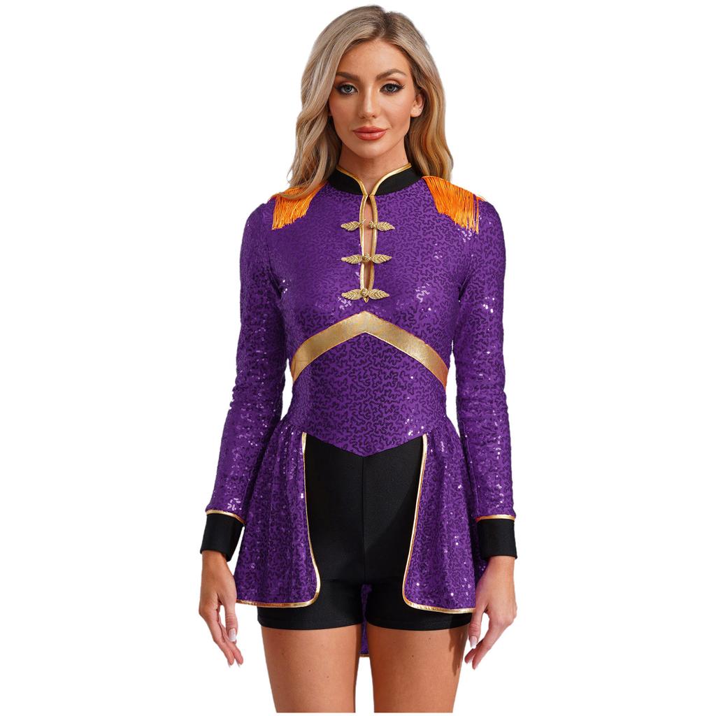 Womens Sparkly Ringmaster Outfit Fringed Epaulet Bodysuit for Carnival Performances Themed Parties