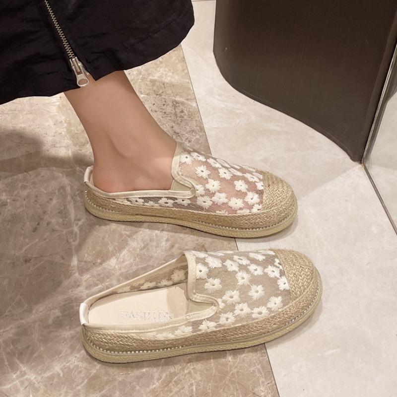 Fashion Slippers Women Summer Cover Toe Shoes Platform Pantofle Slides Low 2025 Cotton Fabric Fisherman Rome Rubber Hoof Heels Shoes Low