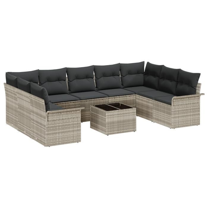 Ensemble de 10 pièces de canapé de jardin avec coussins en rotin poly gris, Canapé de jardin 2 places avec rangement 3354201