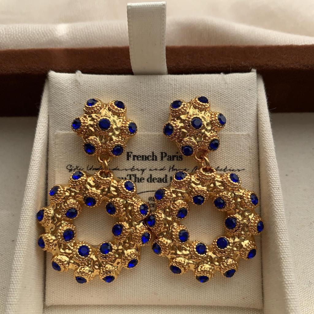 Gold Sapphire Inlaid Metal Earrings, Earrings, Retro Court Texture Gorgeous Light Luxury Niche Personality Unique