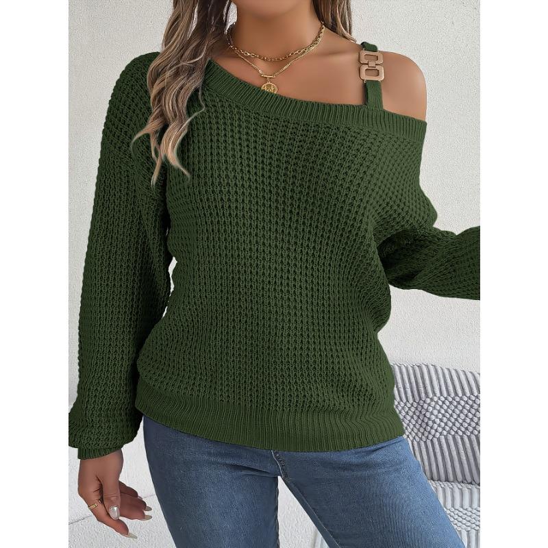 VEZFAA Women's Fashion Casual Fall Winter Solid Color Print Long Sleeve Oblique Collar Sweaters