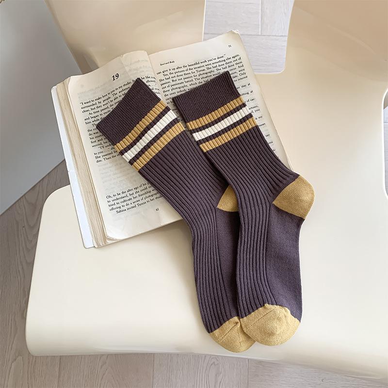 

Женские весенне-осенние новые полосатые носки из хлопка с махрой в рубчик и вышивкой в виде бантика 1 pair