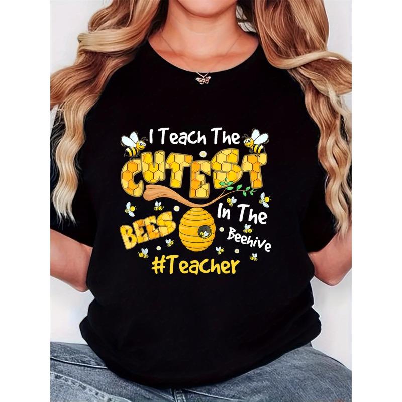 

Plus Size, Plus Size - Women s I Teach The Cutest Bees in the Hive Graphic Tee - Black Crew Neck Short Sleeve, Playful Bee-Themed Design S чёрный