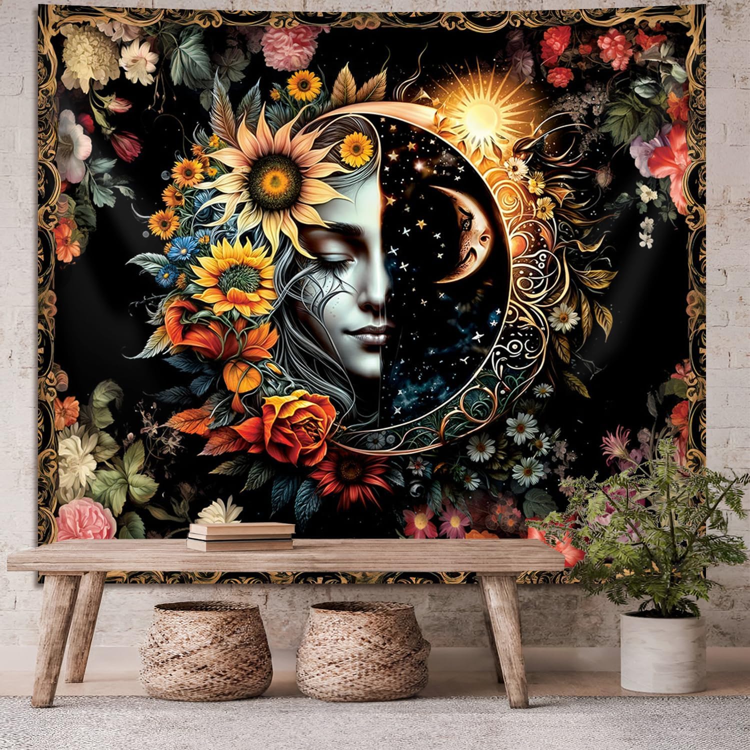 Sun and Moon Tapestry,Psychedelic Mystic Floral Tapestry Wall Hanging Modern Aesthetic Tapestry Hippie Boho Wall Art for Home Decor Bedroom Living 100X70CM