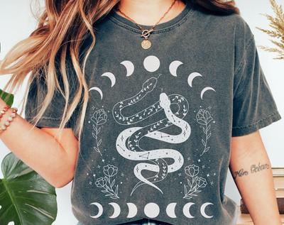 Snake Moon Phase Comfort Colors Shirt and Kids Tshirt: Celestial Serpent Tee