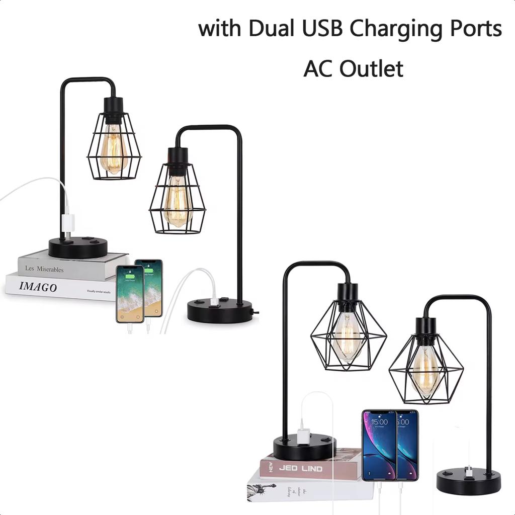 New Set of 2 Black Industrial Table Lamp Nightstand Bedside Lamps w/ USB Ports Shade