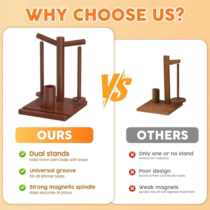 Natural Wood Craft Organizers With Mobile Device Mount Two Spindles For Knitting Crochet And Home Decoration