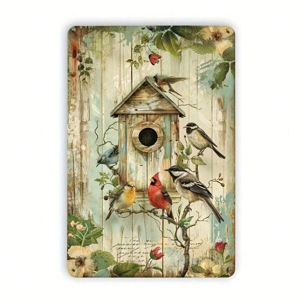 Vintage Metal Birdhouse Wall Art, Rustic Iron Garden Decor with Colorful Birds and Flowers