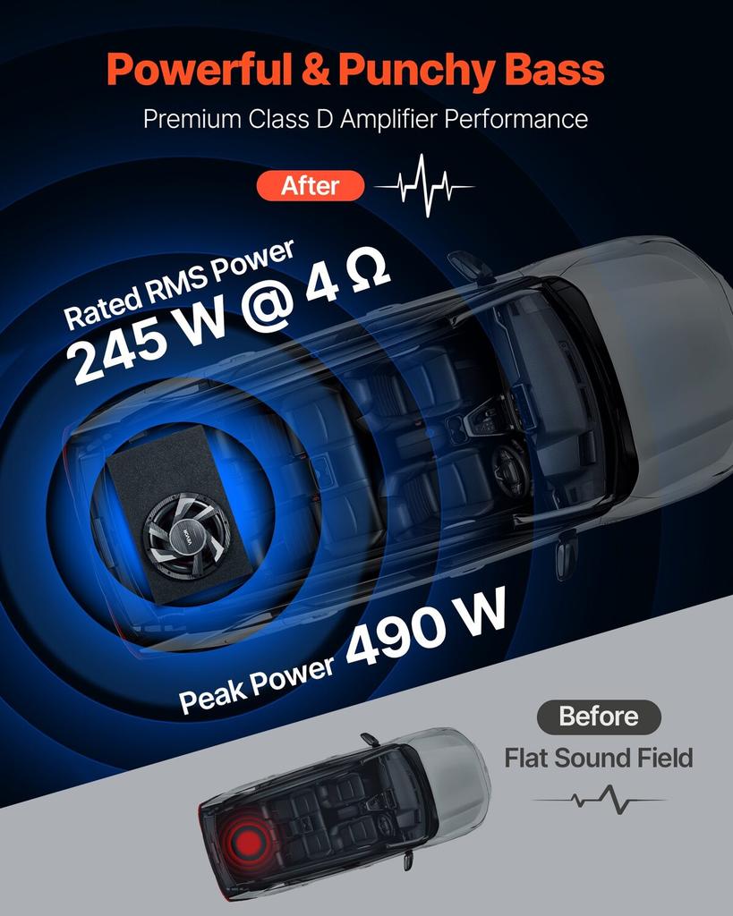 Subwoofer Basspaket, 305mm, 245W RMS, Komplettes Auto-Audio Subwoofer- und Verstärkerpaket, mit bestücktem Gehäuse, integriertem Verstärker und Verkabelungsset, Schlank