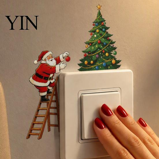 Decorative Christmas Decals Santa Claus Light Switch Sticker, Waterproof PVC Decal, Self Adhesive Wall Art Decor for Home Living Room Bedroom Kitchen