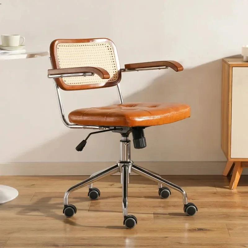 New Rattan Computer Chair Retro Swivel Chair Comfortable Desk Breathable Armrest Rattan Chair Office Furniture
