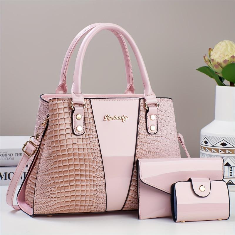3-teiliges Elegantes PU Handtaschen-Set, Krokodilmuster Große Kapazität Umhängetasche mit Münzfach und Kartenhalter, Geprägte Tragetasche