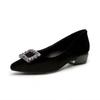 Women's Shoes 2025 Spring New Fashion Pointed Head Shallow Mouth Single Shoes Black First Layer Sheepskin Rhinestone Square Buckle Flat Loafers
