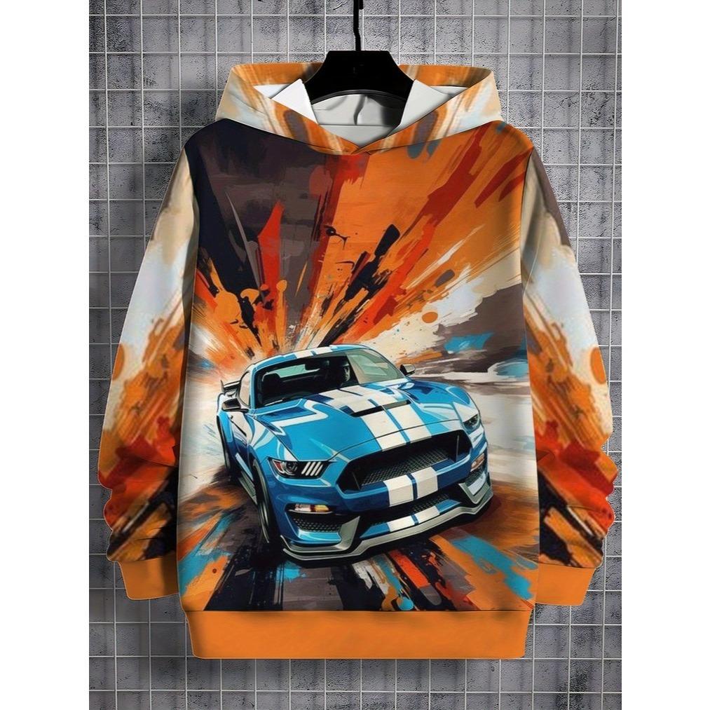 Boys' Street Sports Car Patterned Hoodie, Long Sleeved Pullover Casual Wear, Cartoon Fashion Style