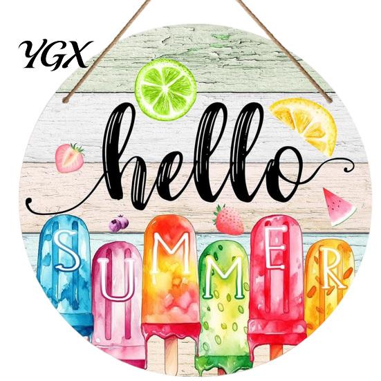 Tropical Wall Decor Hello Summer Door Sign, Ice Pop Flip Flop Welcome Hanger, Party Decoration Farmhouse Hanging Wooden Wreath for Front Home