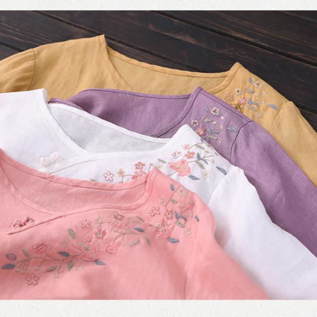 Ρετρό πόρπη με δίσκο από βαμβακερή και λινό κεντημένη μπλούζα Καλοκαιρινή χαλαρή έθνικ στυλ, στρογγυλή λαιμόκοψη, κοντομάνικη γυναίκα