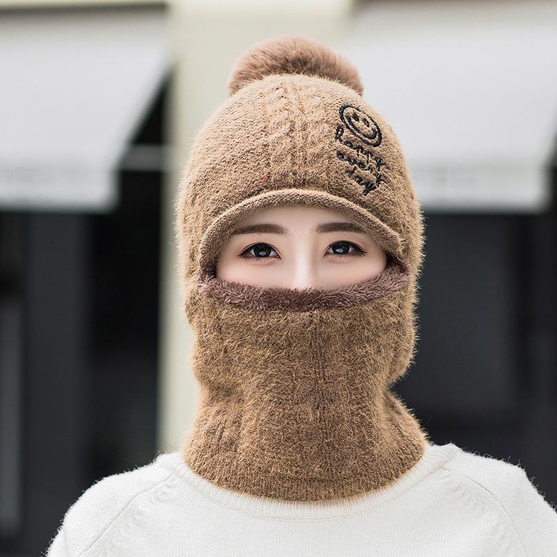 Fleece verdickte integrierte Wollmütze Damen Winter Kälte Schal einteilige Mütze Outdoor Radfahren Wollmischung Mütze