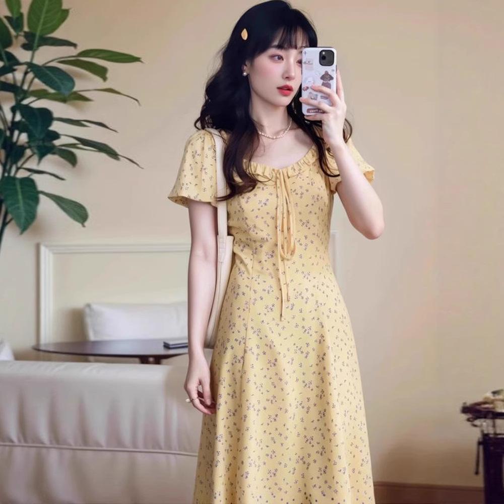 French square neck bubble sleeve yellow floral dress children's summer new design waist long dress women