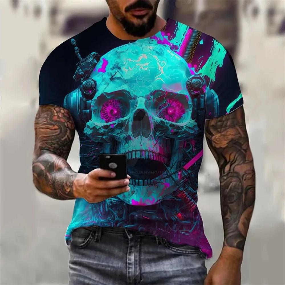 Men's Summer Skull Print T-Shirt Soft Breathable Round Neck Outdoor Street Style Casual Graphic Tee Comfort Top