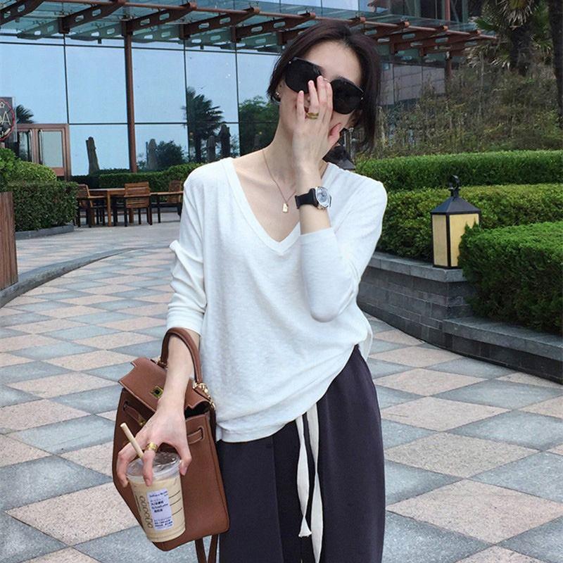Dongdaemun Solid Color and V-neck Long Sleeves T-Shirt Women's Slub Cotton Easiest for Match Bottoming Shirt Spring Leisure Inner Wear Blouse Tide