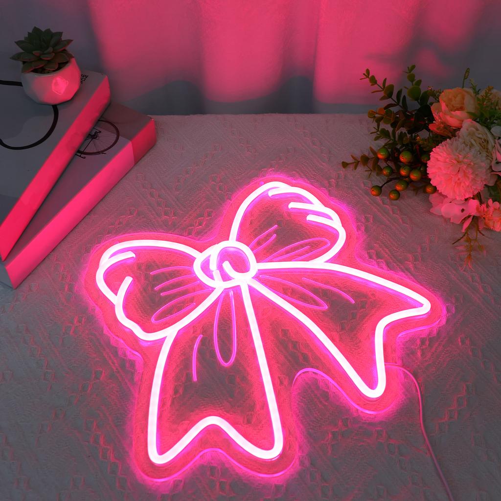 Bow Neon Sign Decor Light Board Wall Hanging Light Advertisement with Dimmable Switch Neon Light Sign for Girl Room OR Store